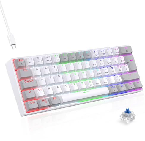TECURS Clavier Mecanique - Clavier Gamer de Jeu Filaire Switchs Bleu, AZERTY Français, LED Rétroéclairé, Clavier Gaming Mini 60% pour PC/Windows/PS5/PS4, Blanc et Gris