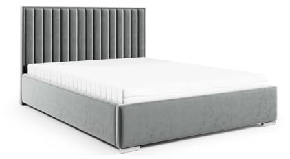 LIKMA PV3 Polsterbett Silber 180x200 cm mit Stauraum Verchromte Füße Doppelbett mit Kopfteil 11 cm Gepolsterter Stoffett mit Gaslift Stoffbett Bettgestell Ohne Matratze Stoff: Riviera 80