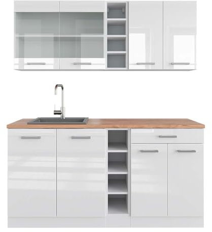 Vicco Singleküche R-Line, Küchenzeile Single, Weiß Hochglanz/Weiß, 160 cm, AP Eiche