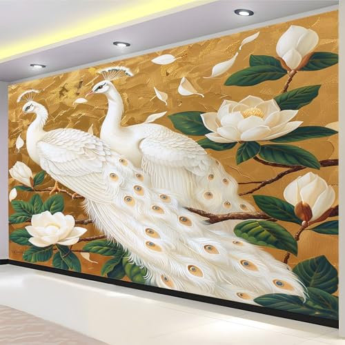 Wallpaper Peacock Lotus 250 x 175 cm Photo Poster Mural, DIY Wall Art Mural Waterproof Wallpapers, for Living Room Bedroom Nursery TV Background Home Decor
