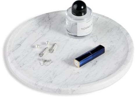 Natural Marble Serving Tray, 11.8in Marble Round Tray for Kitchen and Coffee Table, Bathroom Tray for Counter, Decorative Vanity Tray, Catchall Tray for Fruit and Snack, Bianco Carrara Nightstand Tray