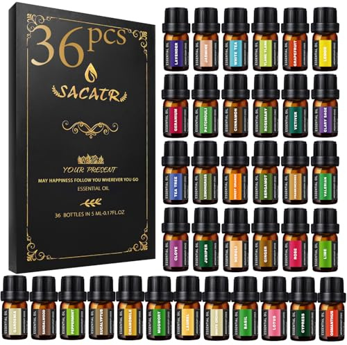 SACATR 36 Pcs Natural Essential Oil Sets,Essential Oils for Diffuser, Humidifiers, Skin Care, Massage, Fragrance Oil Scent for DIY Candle and Soap Making, Gift for Friends (36 * 5ML)