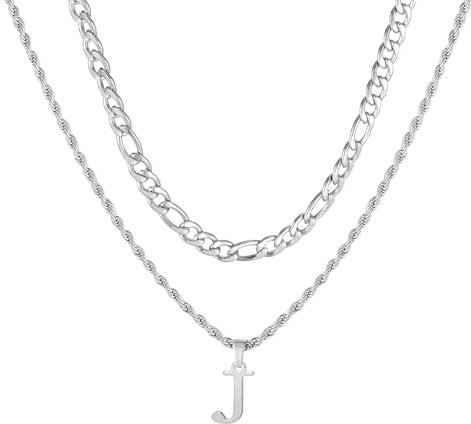 APMGONT Herren Initial Halskette, Edelstahl Silber Figaro Kette Twist Seil Link Kette mit A-Z Letter Kette Halskette für Männer Papa Freund Geburtstag Vatertag Geschenk (Silber J)