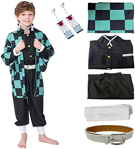 AETIYN Kostüm Tanjiro Nezuko Cosplay für Kinder Kostüm Set Anime Cosplay Vollkostüm Kimono Rollenspiele Kleidung Geschenk für Halloween Weihnachten Karneval (Green, Tag 150)