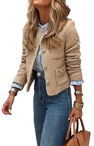 Blazers Vestes pour Femmes, Mode D'automne Veste Courte en Tweed, Élégante Ouverte Sur Le Devant pour Le Bureau, Décontractée(Gold,Small)
