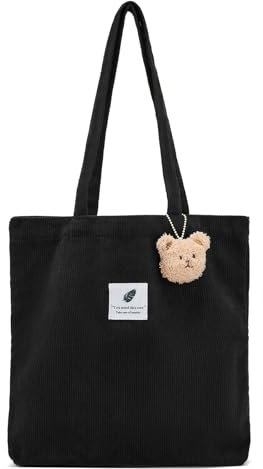 QIUTIMIY cord Tasche Damen Groß Tote Bag shopper schultertasche uni tasche beutel Handtasche Alltagstasche Beuteltasche Stofftasche für Arbeit Einkaufen Schule,Schwarz