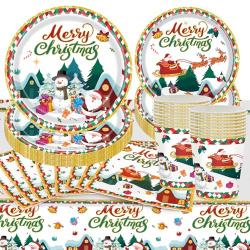 Vajilla de Navidad - Juego de Platos de Papel y Accesorios para Fiesta - Decoración Reutilizable