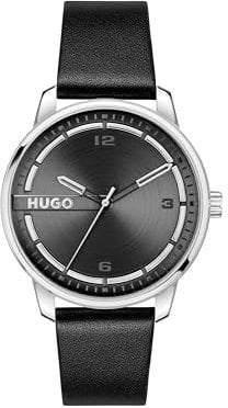 HUGO Uhr mit DREI-Zeiger-Quarzwerk für Herren Kollektion #Stamp mit Schwarzes Lederarmband - 1530362