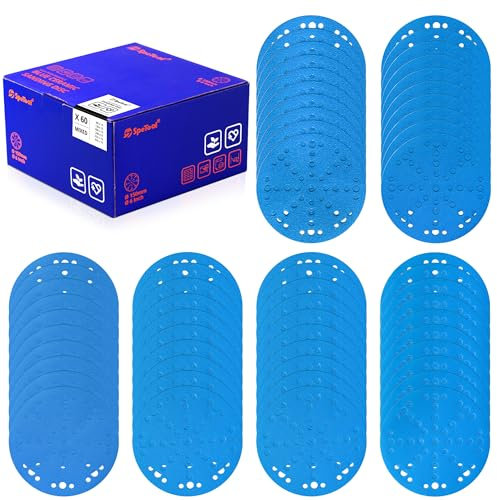 SpeTool Schleifpapier 150mm Klett mit 49 Löchern 60 Stück Schleifpapier Set Körnung 80 120 180 240 320 400 Keramik Schleifscheiben 150mm klett Tellerschleifer Schleifpapier für Holz Metall