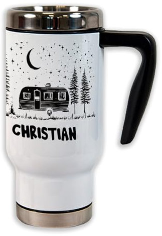Unikatolo Thermobecher personalisiert mit Name & Wohnwagen, Isolierbecher individuell bedruckt, Coffee to go Becher, Edelstahl Thermo-Tasse, weiß, Campen, Auto, Urlaub, Männer, Namenstasse (Camper)
