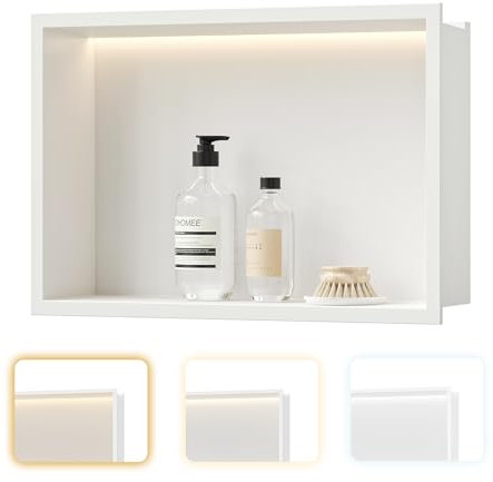 Neohomee Douche niche murale en acier inoxydable avec lumière LED, niche de douche intégrée, 45 x 30 cm, avec 3 couleurs, pour le rangement et la décoration de salle de bain, blanche