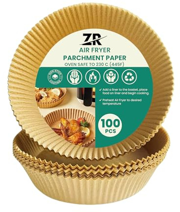 ZR SOLUTIONS Air Fryer Disposable Paper Liner, 100PCS Non-Stick Disposable Baking Paper for Air Fryer Oil-Proof, Water-Proof, Food Grade Parchment for Baking Roasting Microwave (100Pcs-8.5inch)
