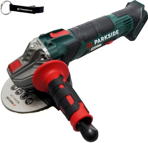 HEADNMORE® Parkside® - Smerigliatrice angolare a batteria da 20 V, PWSA 20 in valigetta per il trasporto + portachiavi HEADNMORE® (senza batteria)