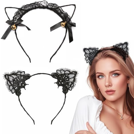 RT 2 Stück Katzenohren Haarreif, Cat Ears, Katzen Ohren Damen, für Halloween Karneval Party Maskerade Cosplay, Süß Frauen Spitze Haarschmuck Stirnband Kostümzubehör (Schwarz)