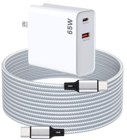 PD 65W USB C Super Fast Charger Compatible with Oculus Quest 3s, Quest 3 - Dual Port USB + Type C Adapter with 6.6ft C to C Charging Cable for Meta Quest 2 and Pico 4 Ultra VR Headsets