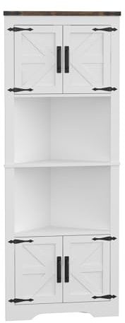 Panana Tall Corner Bathroom Cabinet, Freestanding Farmhouse Storage Cabinet with 4 Barn Doors and Adjustable Shelves Wooden Space Saver Storage Cupboard for Bathroom, Kitchen, Living Room (White)
