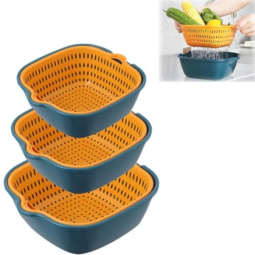 6 Stk Multifunktion Küchensieb Set, 2-in-1 Küche Sieb, Kunststoff Seiher, Nudelsieb, Doppelschicht Abflusskorb Reis für Obst Gemüse Reis Sieb - Blau und Gelb