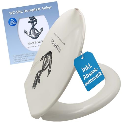 BURI Abattant de WC avec système d'abaissement automatique - Motif ancre - Fermeture en douceur - En forme de O - En plastique durable - Design d'ancre