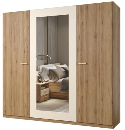 Meublorama Armoire Vertigo – 4 Portes avec Miroir – 228x215 cm – Chêne Sauvage et Beige Sable