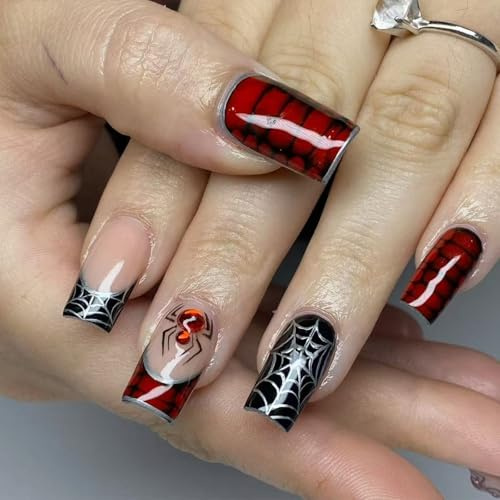 Gothic Press On Nails - 24pcs Halloween Medium Long Square False Nails - Gothic Black Red with 3D Spider Web Crocodile Designs Fake Nail - Glossy Coffin Ombre Stick On nails with Glue For Women Party