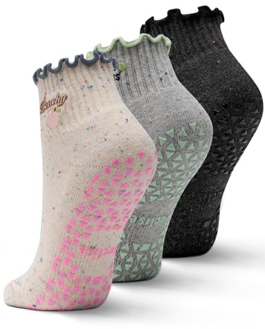 Juclise Pilates-Grip-Socken, Yoga, griffige, gestreifte Söckchen, weich gepolstert, für Barre, aus Bio-Baumwolle(38,42 Dunst+Meeresschaum Heidekraut+Apfelwein)