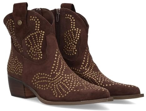 Stivale campero con borchie metalliche, punta sottile e tacco basso. per la Stagione Otono Inverno. Ideale per le donne., marrone, 38 EU