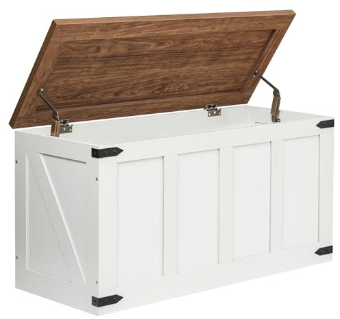 HOOBRO Baúl de 100 x 39 x 50 cm, Banco con Espacio con Bisagras de Seguridad, Cofre de Almacenamiento en Madera Rústica, para Pasillo, Dormitorio y Sala, Blanco y Nogal EWH500CW01