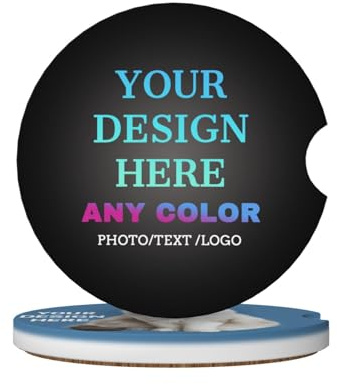 Lot de 2 dessous de verre personnalisés en céramique pour voiture, inserts absorbants personnalisés, dessous en liège antidérapant, design de votre propre logo/texte/photo/couleur