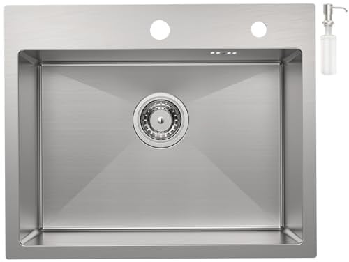 CECIPA Spülbecken 55x45cm Eckig, Spüle mit Siphon, Küchenspüle 1 Becken | Waschbecken Küche mit 2 HahnLöcher, Einbauspüle, Gebürsteter Edelstahl