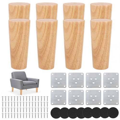 Kozdtiz Lot de 8 pieds de meubles en bois de 10 cm - Pieds coniques de rechange avec plaque de montage et vis - Pour canapés, armoires, chaises, tables - Couleur bois - Pied droit
