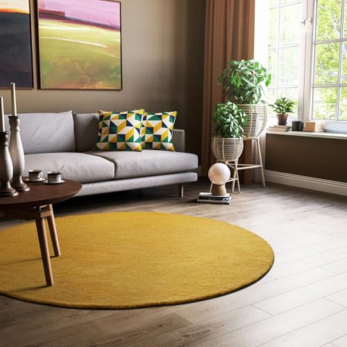 Steffensmeier Gabbeh Teppich Jaipur | 100% Schurwolle | Wohnzimmer | Schlafzimmer | Handtuft | Gold | Rund Ø 120 cm