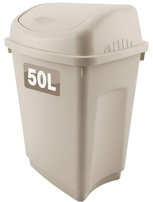 Optimal Products 50 Litre Plastic Swing Bins Home Garage Swing Top Rubbish Waste Bin Office Bedroom Kitchen Paper Dustbin Trash Bin Swing Lid Garden Recycle Bins Taupe
