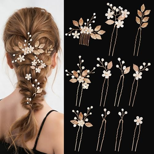PYSEOSISE Haarschmuck Hochzeit Gold, 11 Stück Perlen Haarschmuck Braut, Elegant Blume Perle Kopfschmuck U Förmige Haarnadeln Hochzeit Hair Comb Haaraccessoires für Damen