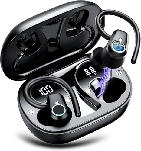 Wireless Earbuds, Bluetooth 5.3 Headphones with 4 ENC Noise Canceling Mic, 50H Stereo Dual LED Display Ear Buds, Sport Bluetooth Earphones with Earhooks, IP7 Waterproof Wireless Headphones for Running