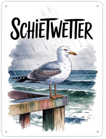speecheese Metallschild XL in 21x28 cm Möwe im Regen - SCHIETWETTER | lustiges Blechschild für Küstenliebhaber