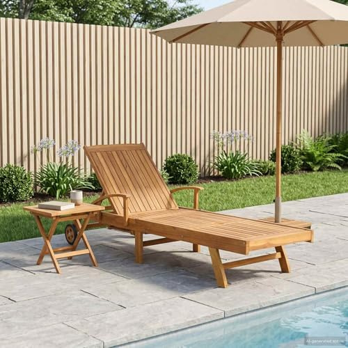 GeenYuu Transat Bain de Soleil en Teck Massif Marron avec Table Pliante 40 x 40 x 40 cm Chaise Longue de Jardin extérieur réglable inclinable avec Repose-Pieds et roulettes pour terrasse Patio