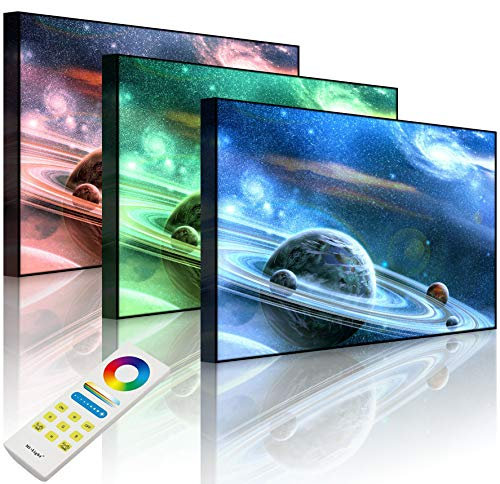 Lightbox-Multicolor | Wanddekoration Leuchtbild | Planet mit zahlreichen prominenten Ringsystem | 100x70 cm | Front Lighted