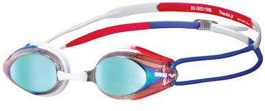 arena Tracks Junior Mirror Anti-Fog Wettkampf Schwimmbrille für Kinder, Schwimmbrille mit UV-Schutz, 4 Austauschbaren Nasenstegen, Silikon Dichtungen, Gold-Blue-Red