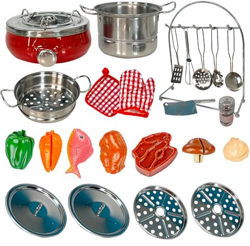 Koolbitz 25 PCs Toy Kitchen Accessories for Kids, Realistic Stainless Steel Pretend Play Cooking Utensils Tools with Stove & Gloves, Role Play Food Kitchen Toy, Gift Set for Children Ages 3+ Years