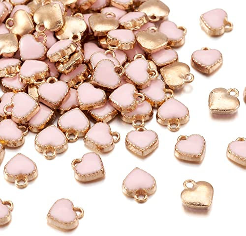 Cheriswelry Lot de 100 mini breloques en forme de cœur rose en émail plaqué or pour la fabrication de bijoux, bracelets, colliers, boucles d'oreilles, cadeaux de Saint-Valentin