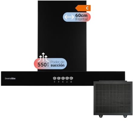 UNIVERSALBLUE | Campana Decorativa en Forma de T | Color Negro | 3 Potencias | Filtros Extraibles y Lavables | 66dB | Envío y Subida a Planta Incluido