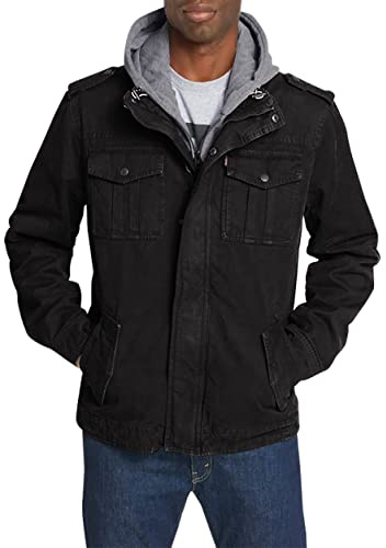 Levi's Men's Washed Cotton Hooded Military Jacket (Regular & Big & Tall Sizes), Black/Quilted Lining, XXL