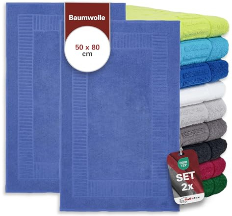 BaSaTex Badvorleger Duschvorleger, 2er Pack, 50x80cm, Royal Blau | 100% Baumwolle, Öko-Tex Made in Green zertifiziert, Badvorleger für Dusche & Badewanne, 800g
