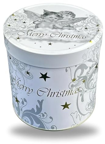 MediMuc Tarro redondo de pan de jengibre con diseño de ángel, apto para alimentos, texto Merry Christmas – Caja para galletas, lata – Diámetro x altura: 11,7 x 12,0 cm – Volumen aprox. 1,2 L