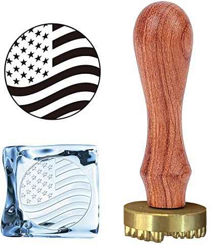 CRASPIRE Eisstempel mit amerikanischer Flagge, Unabhängigkeitstag mit Holzgriffen und Samtbeuteln, abnehmbarer Messingkopf-Siegelstempel für Eiswürfel, Cocktail-Monogramm, Getränke, Barherstellung,