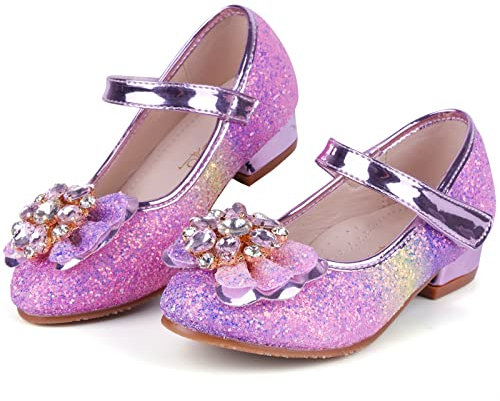 KUWIBY Girl Sandals Glitter Princess Shoes Sequin Party Shoes Bling Bowknot High Heels Wedding Birthday Dress Comfort Bright Diamond Cosplay Dance for Little Girls Christmas Pink Purple