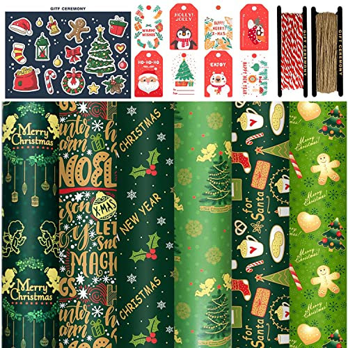 FullJoyHut Geschenkpapier Weihnachten,6 Blatt Kraft Recyceltes Weihnachtspapier 70X50CM, 8 Geschenkanhänger, 12 Aufkleber, 2 Rollen Bindfäden Packseil Weihnachten Geschenkverpackung