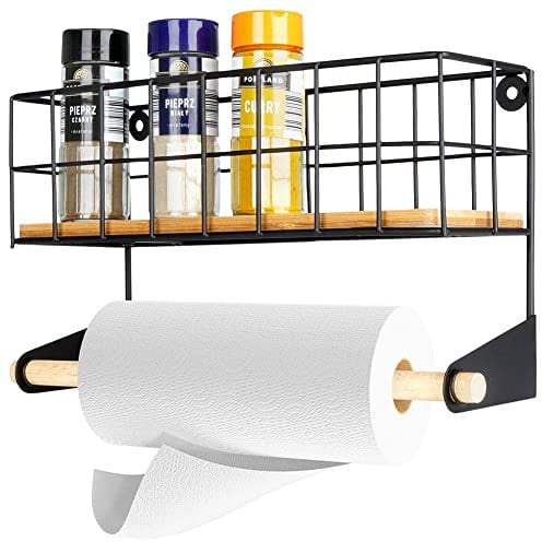 Vilde Étagère murale de cuisine en métal avec porte-rouleau d'essuie-tout Noir