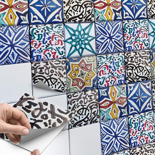60 Stück Fliesenaufkleber 10x10 cm für Küche und Bad - Klebefliesen, Mosaikfliesen - selbstklebende Fliesen SET // Design: Spanisch