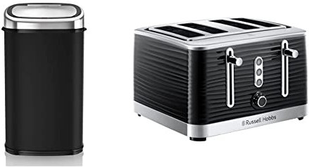 Tower T80900 Kitchen Bin with Sensor Lid, Touchless for Hygienic Waste Disposal, Infrared Technology, 58 Litre, Black & Russell Hobbs 24381 Inspire High Gloss Plastic Four Slice Toaster, Black